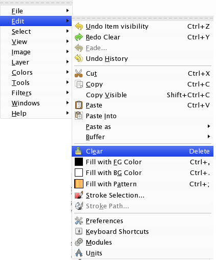 the edit menu with clear selected